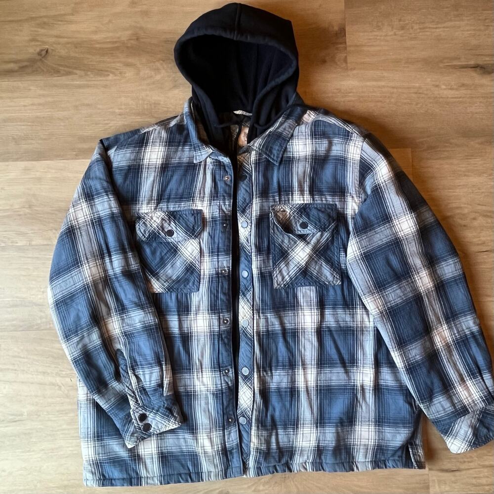 Boston Traders Men’s XXL Quilted Lined Hooded Flannel Shirt Jacket Plaid Blue
